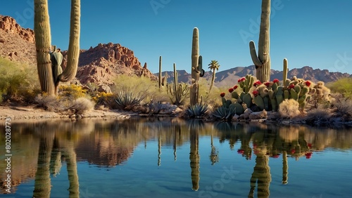 A Saguaro cactus stands in front of a desert mountain backdrop with a blue sky and a body of water in the foreground. photo