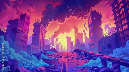Animated, cartoon illustration of a war-torn night city, with abandoned buildings and a bridge. Natural disaster, post-apocalyptic broken ruined road.