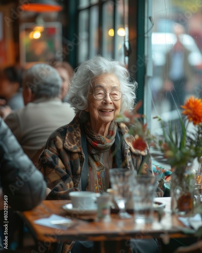happy old asian woman sit at the table in the restaurant. Enjoying life on retirement.