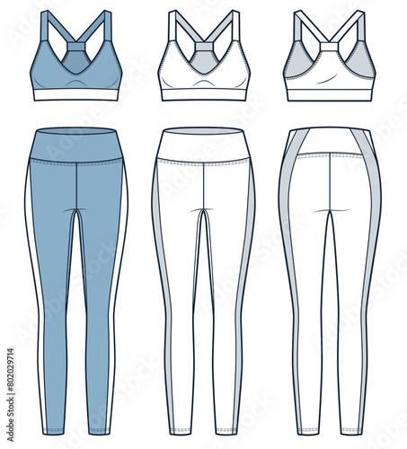Set of Sports Bra and Leggings technical fashion illustration. Leggings, Crop Top fashion flat technical drawing template, slim fit, front and back view, white, blue, women CAD mockup set.