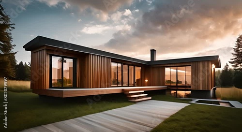 modern wooden house concept on spacious land the afternoon photo