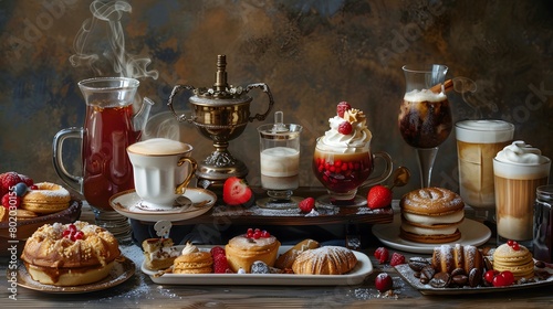 the indulgence of coffee with a luxurious photo of a gourmet coffee spread, featuring decadent pastries and an assortment of specialty drinks.