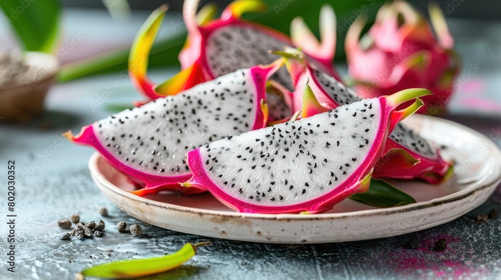 dragon fruit slice and cut half on white plate with pitahaya background , fresh white and red purple dragon fruit tropical Ai generated dragon fruit slice and cut half on white plate with pitahaya background , fresh white and red purple dragon fruit tropical Ai generated