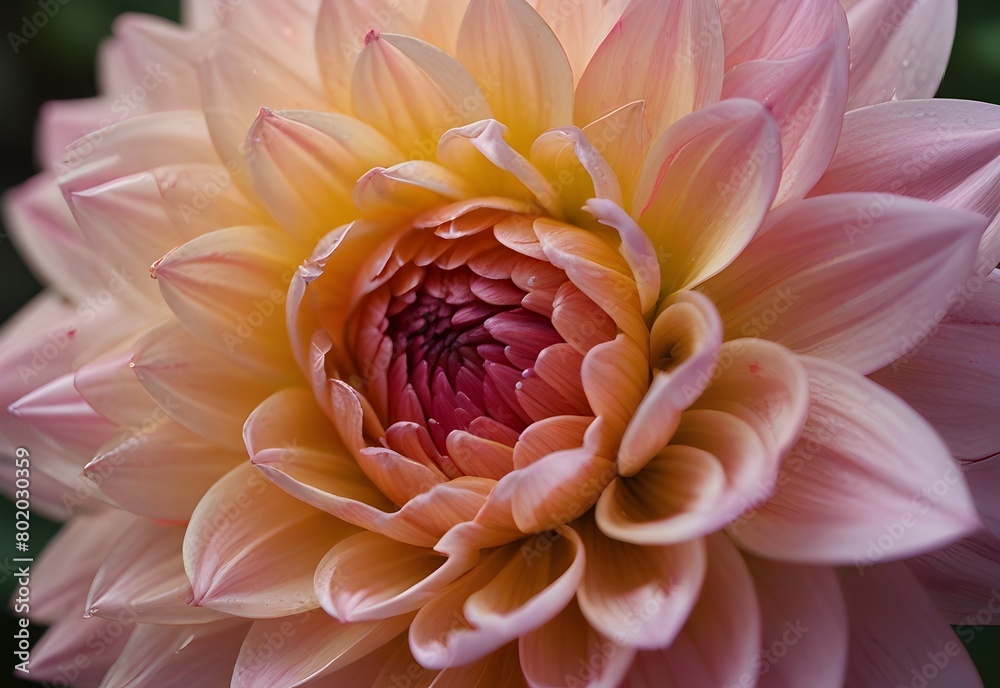 A close-up view of a dahlia flower, its layers of pink petals forming a spiral pattern, with the center densely packed, generative AI A close-up view of a dahlia flower, its layers of pink petals forming a spiral pattern, with the center densely packed, generative AI