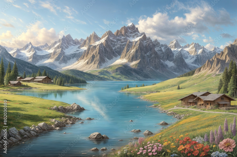 As the morning sun casts its golden rays over the Alps, a breathtaking vista unfolds before your eyes. Towering, snow-capped peaks rise majestically against the azure sky, their rugged slopes adorned 