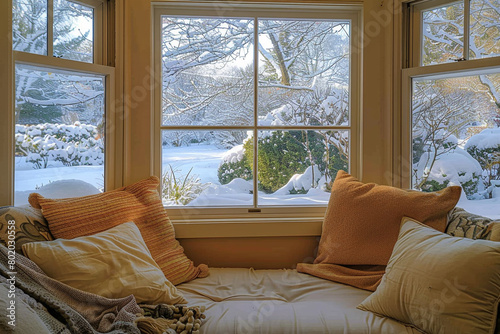 Gaze from a window seat in a room with beige walls, looking over a snow-covered garden outside.