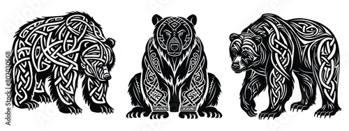 Celtic bear silhouette isolated on white tribal design. Celtic interlaced patterns, animals, black and white Celtic bear vector set