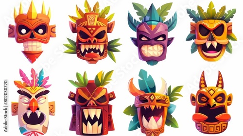 An illustration set of Hawaiian or Polynesian style masks  wooden totems  scary faces with teeth displaying a leafy design on a white background. Cartoon modern illustration.