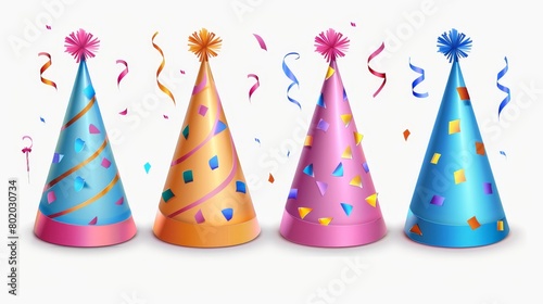 Decorative party hats, birthday caps with colorful ribbons and confetti. Funny headwear for anniversary celebrations, isolated on white background, realistic 3D modern illustration. photo