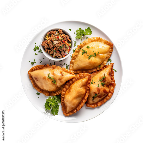 Fried empanadas with minced beef meat isolated on white background