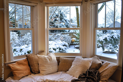 Over-the-shoulder perspective from a cozy seat by a window with a view of a winter garden. © Muneer