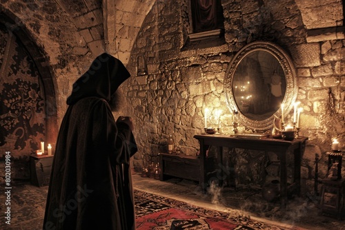 Person standing in a room with a mirror and candles. Fortune teller concept background  photo