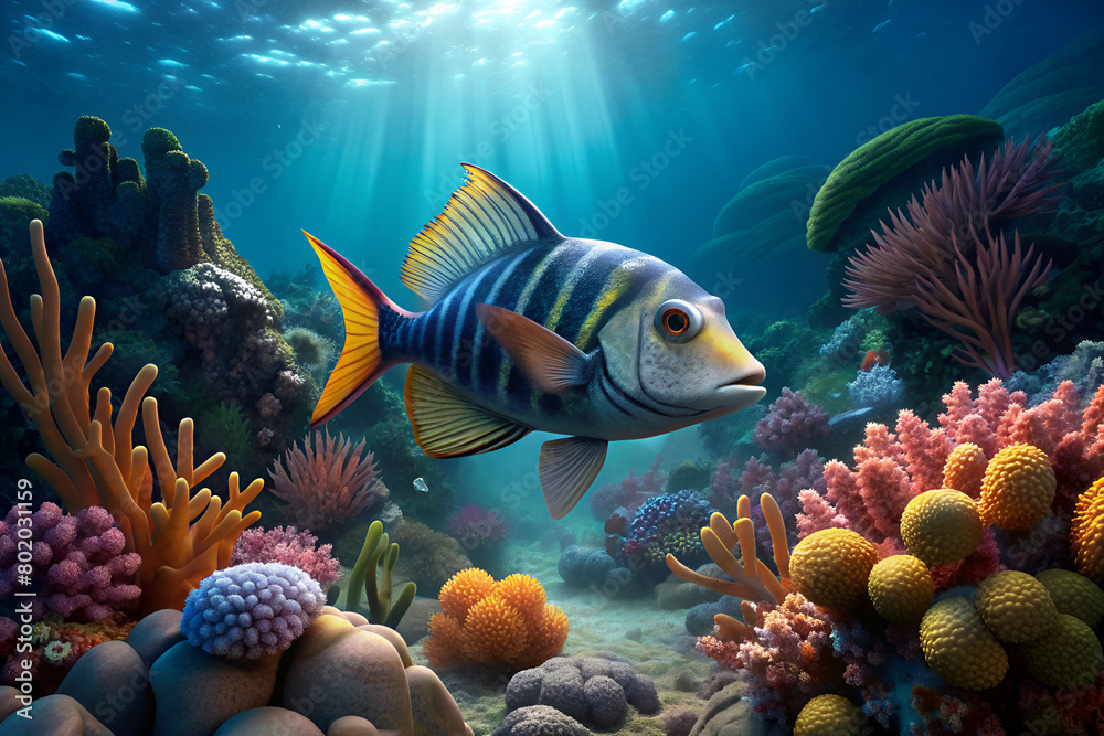 Fototapeta premium wallago fish surrounded by beautiful coral