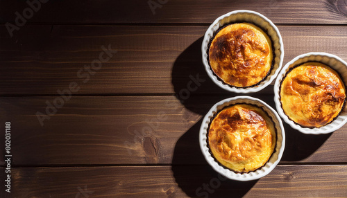 Freshly baked breakfast casseroles on brown wooden table. Tasty food. Delicious meal.