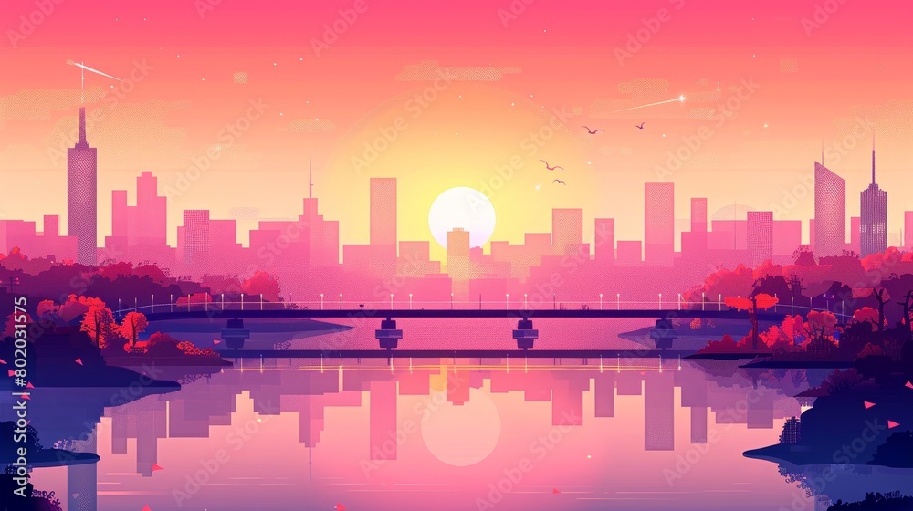 Modern cartoon landscape of sea, island with city skyscrapers on horizon and overpass highway in morning pink light with buildings above lake or river at sunset.
