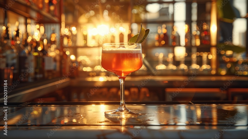 Bar table with a cocktail, focus on the drink, luxury details, golden hour backlight. Generative AI.
