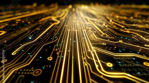 Macro view of black pcb with gold connectors, tech concepthorizontal electronic banner © Andrei