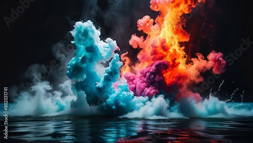 Multicolored smoke swirls rise from the water, creating a sense of movement and energy. AI.