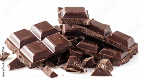 Assorted Dark Chocolate Pieces Close-Up isolated in white background