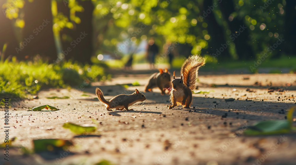 Obraz premium A squirrel and its cubs are running along a path in the park. Silhouettes of people