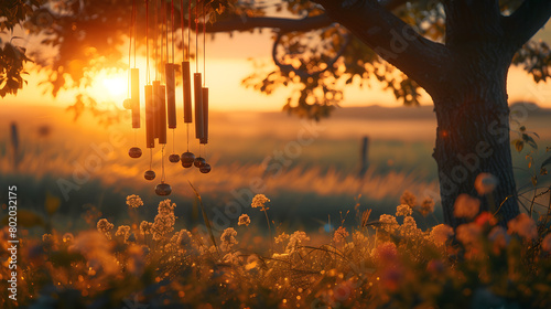Tranquil summer sunset in a lush meadow with a wooden swing hanging from a tree. Peaceful nature and relaxation concept. symphony of wind Design for poster  wallpaper  and greeting card