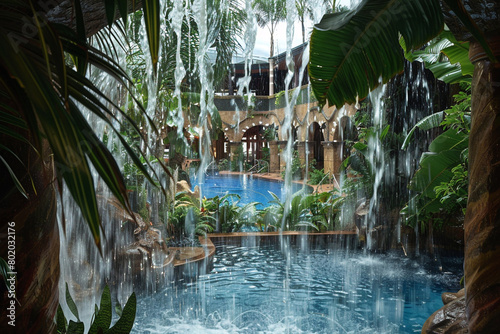 Viewpoint from an indoor waterfall towards a tropical-themed luxurious pool area.