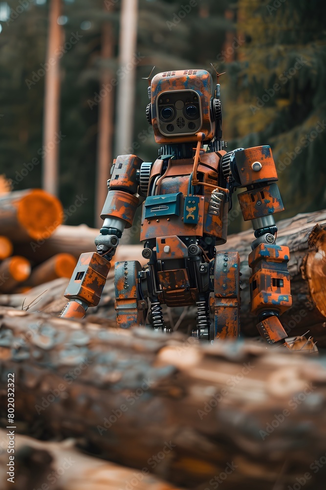 A humanoid robot stands among felled trees and looks at the camera