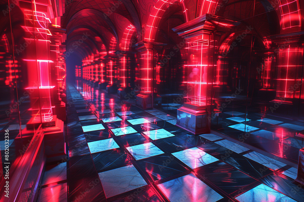 The image is a 3D rendering of a futuristic hallway