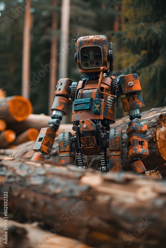 A humanoid robot stands among felled trees and looks at the camera