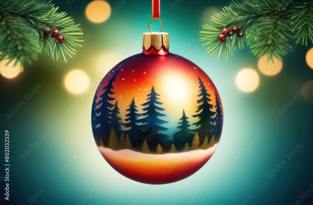 Elegant Christmas bauble with a winter landscape painting, suspended against a festive backdrop Elegant Christmas bauble with a winter landscape painting, suspended against a festive backdrop