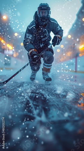Dramatic 3D Flying Ice Hockey with Motion Blur Effect. Professional Player Shooting Puck in Ice Rink