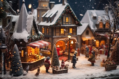 Close-up of a snowy outdoor Christmas market.