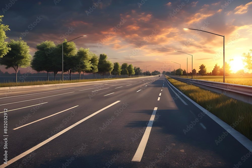 Wide landscape view of a street road highway with a beautiful sunset view