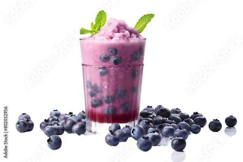 Dive into a burst of fruity freshness with a frosty blueberry smoothie topped with ice cubes.