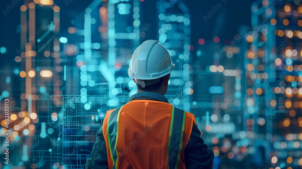 Engineer in hard hat and reflective jacket with urban digital blueprints at construction site