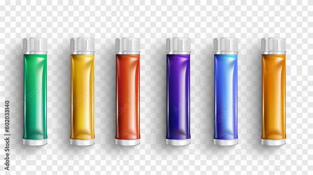 A set of paint tubes with blots in the top left corner, a colorful palette with oil or acrylic dye, isolated on a transparent background, a realistic 3D modern illustration. A set of paint tubes with blots in the top left corner, a colorful palette with oil or acrylic dye, isolated on a transparent background, a realistic 3D modern illustration.