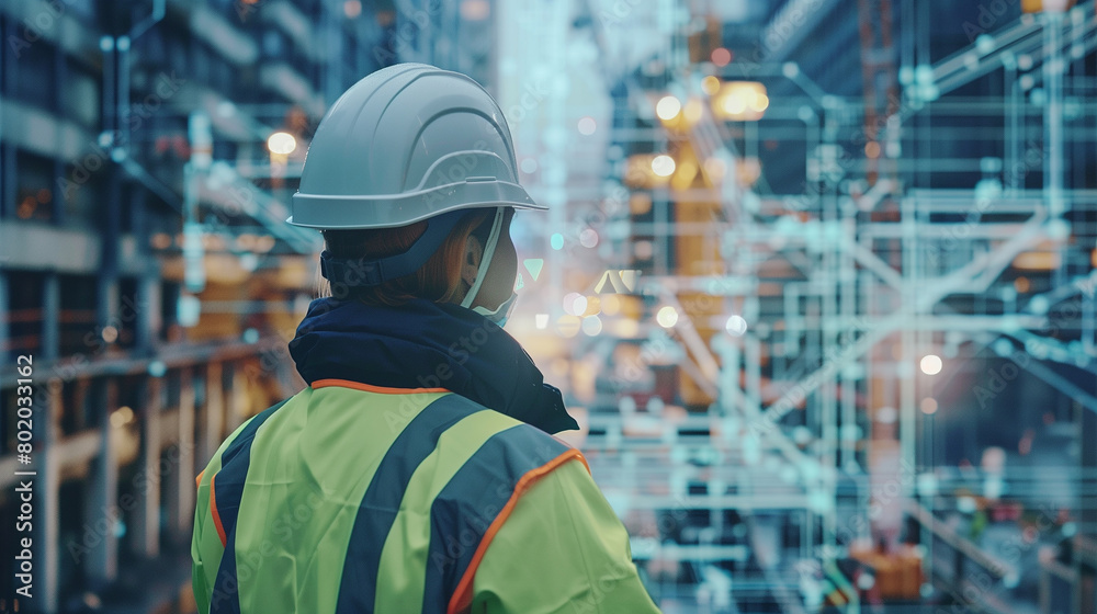 Engineer in hard hat and reflective jacket with urban digital blueprints at construction site Engineer in hard hat and reflective jacket with urban digital blueprints at construction site