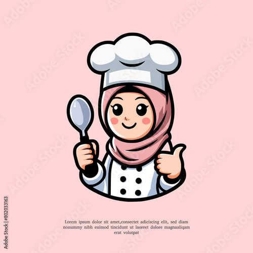 Hijab cooks mascot chef cute logo vector hand gesture
