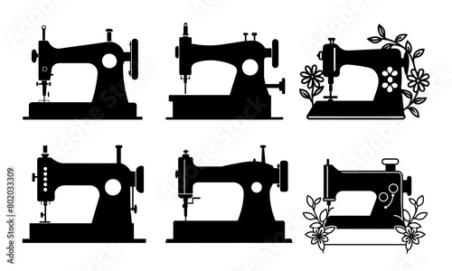 Set of sewing machine with floral illustration