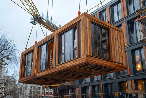 Modular wooden building module being lifted by a crane at a construction site. Sustainable architecture and urban development concept. Design for poster, banner, and construction industry photo