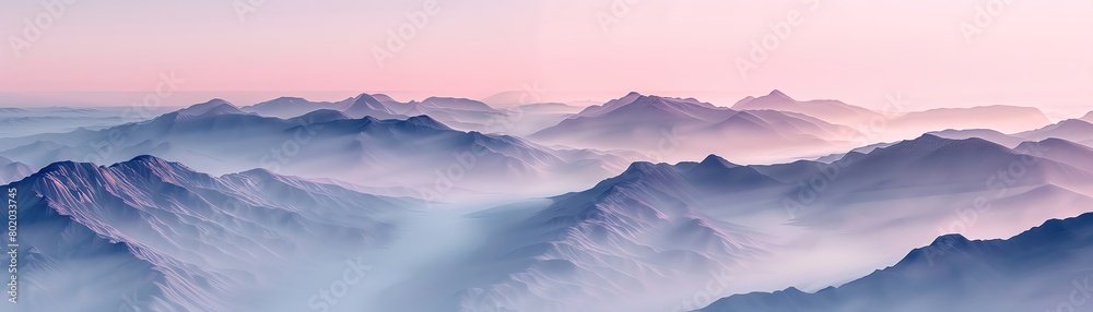 Holographic mountains enveloped in 3D mist, witnessing a virtual dawn, merging natural beauty with digital artistry