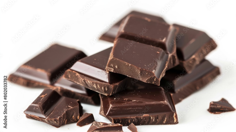Assorted Dark Chocolate Pieces Close-Up isolated in white background Assorted Dark Chocolate Pieces Close-Up isolated in white background