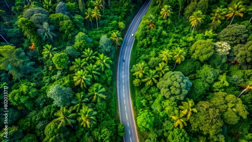 An aerial drone view of a jungle road with a beautiful landscape © Sanjay