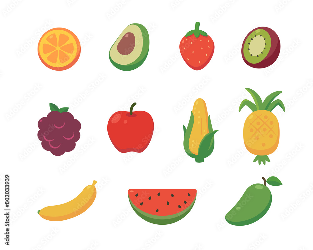 Set of fruits. Vector illustration in flat style. Set of fruits. Vector illustration in flat style.