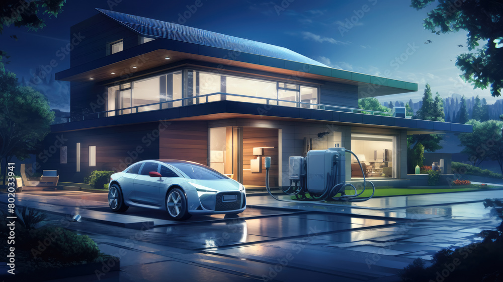 A futuristic car is parked in front of a large house