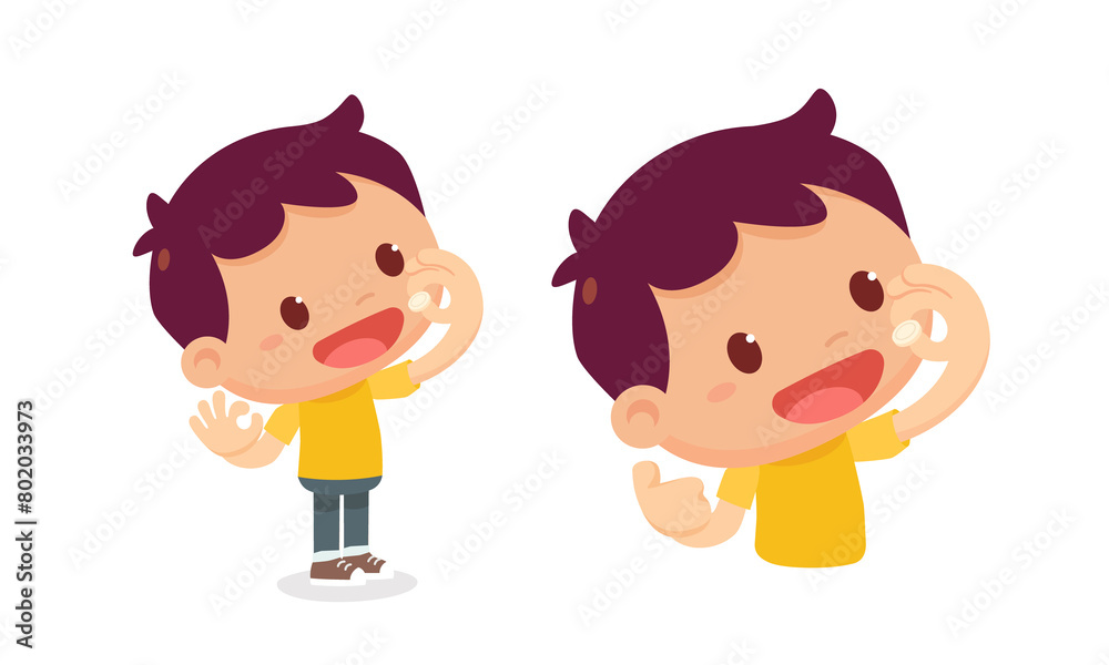 The kid taking the pill, vitamin, and medicine with himself. The kid taking the pill, vitamin, and medicine with himself.
