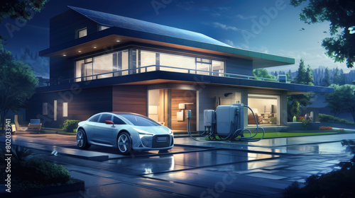 A futuristic car is parked in front of a large house © Tatiana