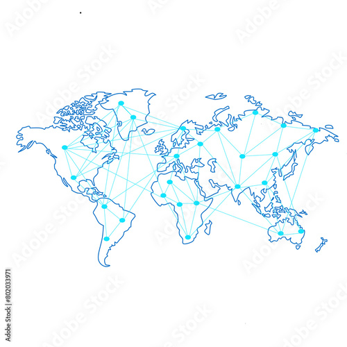"Unleash the power of global connectivity with our transparent PNG illustration of interconnecting blue dots on a blue world map. Explore the world digitally! 🌐 #illustration #digitalart" 