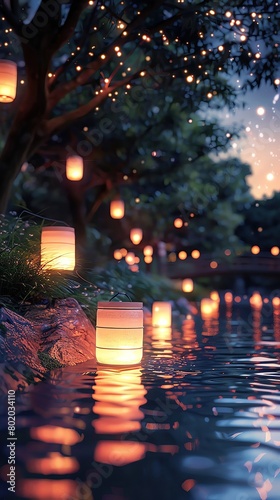 Floating lanterns illuminating a gentle river  surrounded by stars in a peaceful night setting