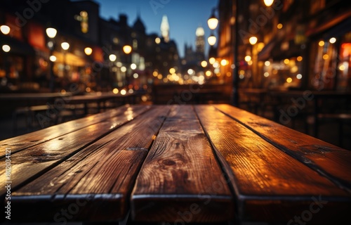 Empty wooden table in a cafe against the backdrop of the bright beautiful lights of the night city. Blurred background.